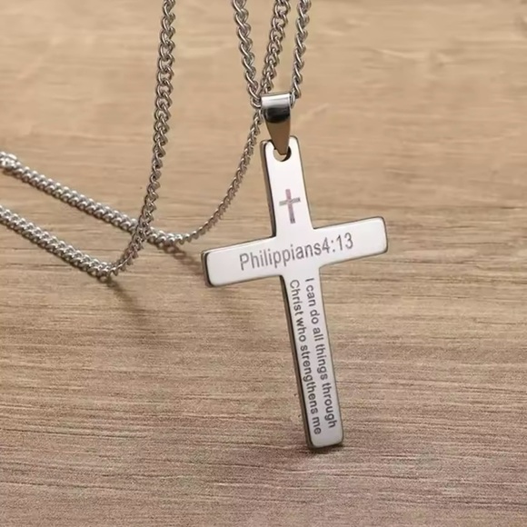 Bible Verse Cross Pendant Necklace Philippians 4:13 - Picture 2 of 4